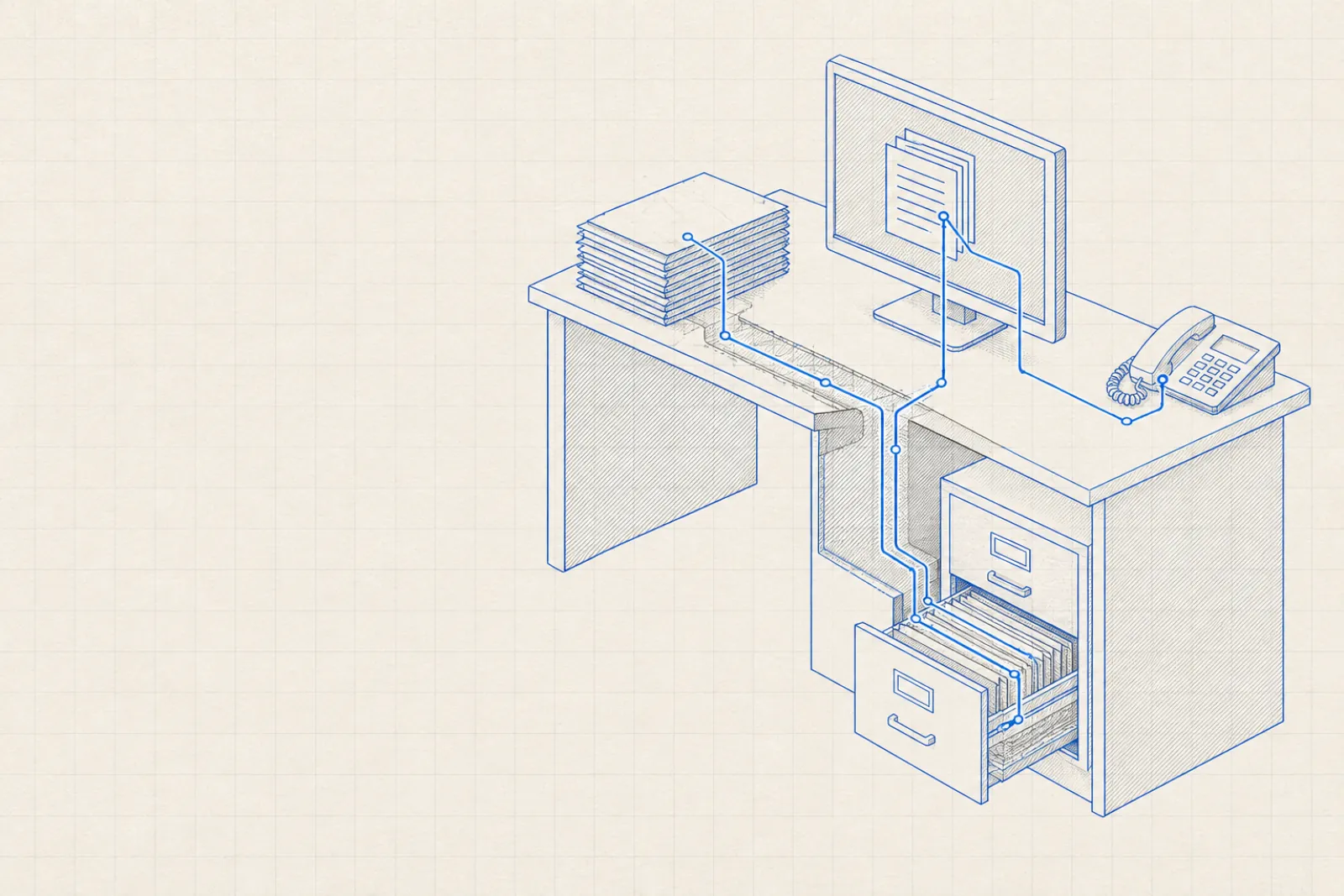 Blueprint drawing of an office desk with documents, a filing cabinet and a monitor connected by routing lines