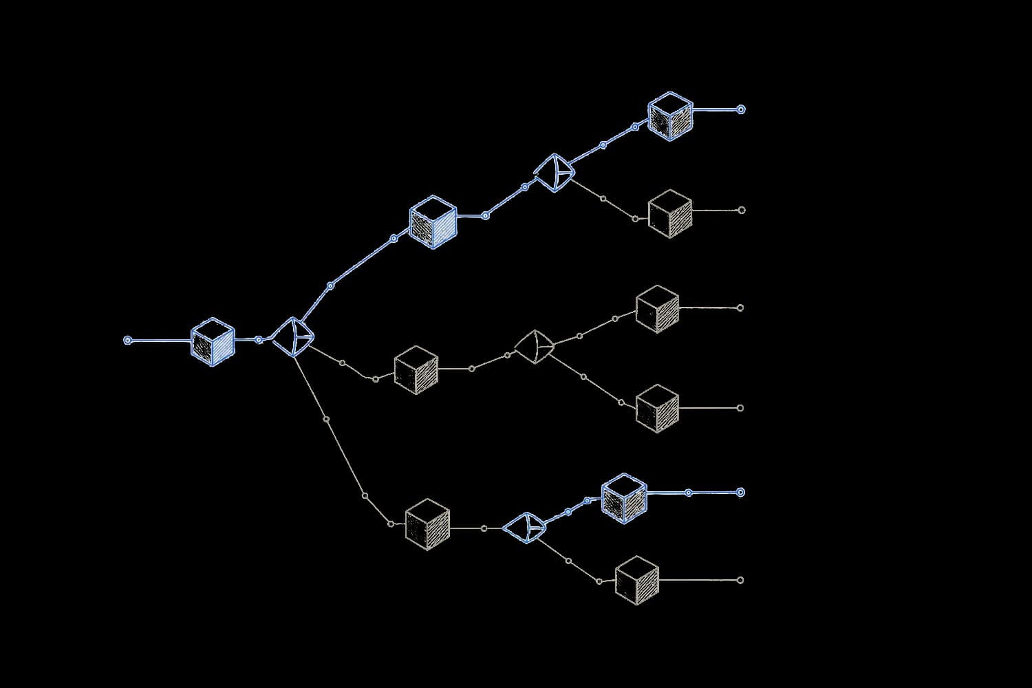 Blueprint drawing of a branching decision network with one path inked in blue and a gate at each junction
