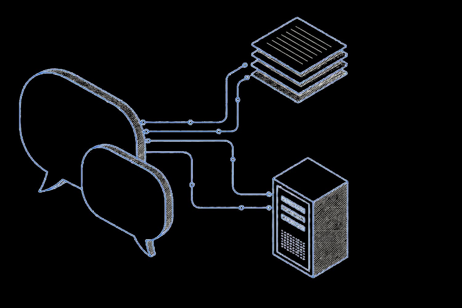 Blueprint drawing of two overlapping speech bubbles wired to a stack of reference documents