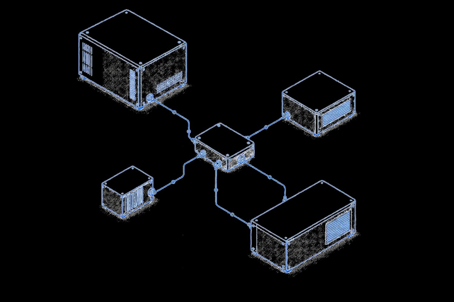 Blueprint drawing of four separate system enclosures joined by a central routing manifold