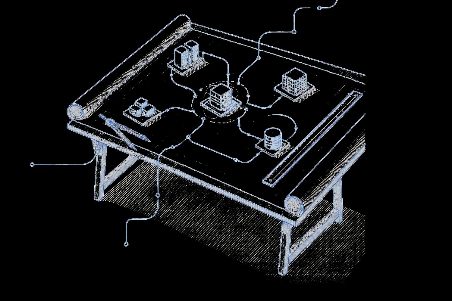 Blueprint drawing of an unrolled plan sheet on a drafting table with a compass and a straight-edge