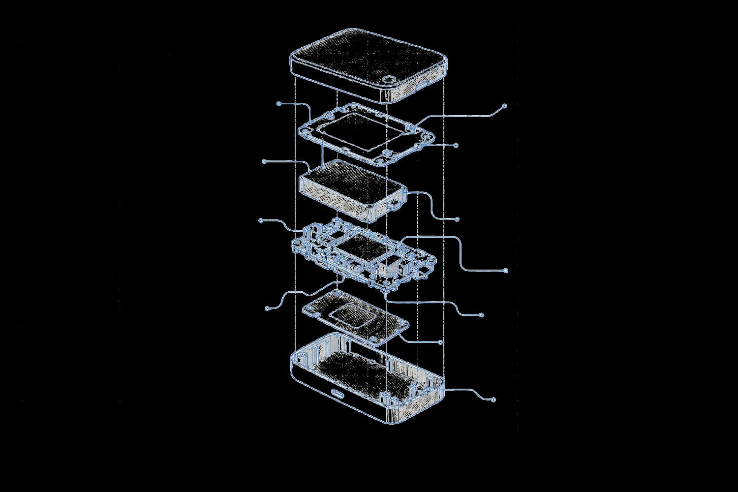 Blueprint drawing of an exploded assembly of a modular device, its layers floating apart