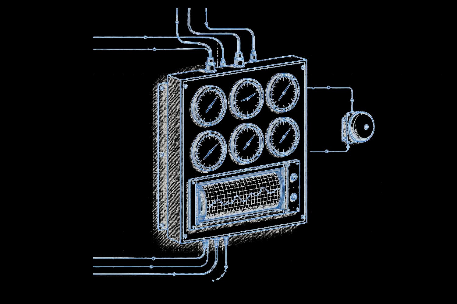 Blueprint drawing of a wall panel of analogue gauges with a strip chart recorder and an alarm bell
