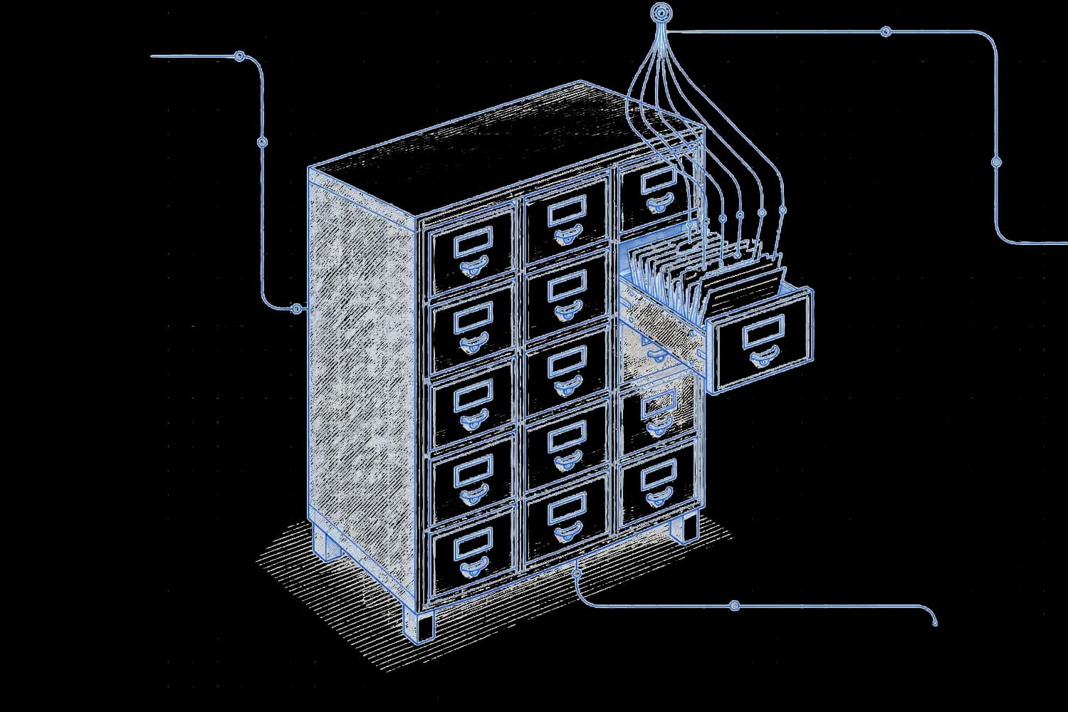 Blueprint drawing of a library card-catalogue cabinet with one drawer open and index cards fanned upward