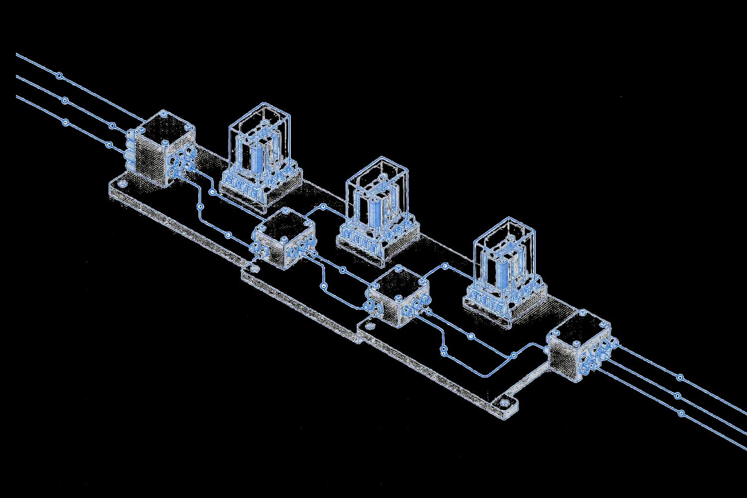 Blueprint drawing of a relay board of switches and junction blocks, lines entering left and leaving right